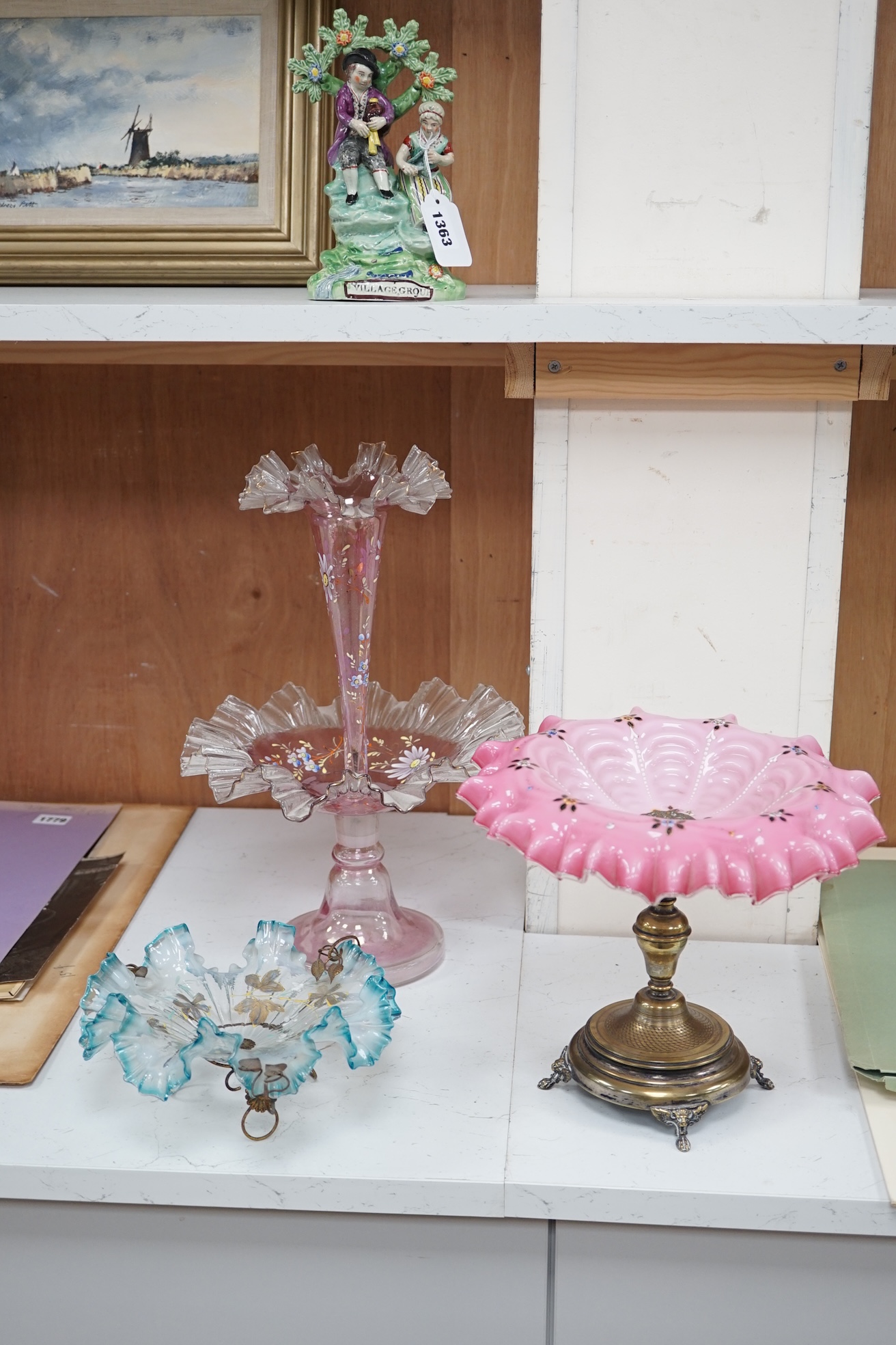 A late 19th century Bohemian glass centrepiece and two similar pedestal dishes, tallest 37cm. Condition - good